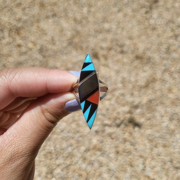 Zuni Multi Stones Diamond Shape Sterling Silver Native American Jewelry Sz 6.5US - Picture 8 of 13